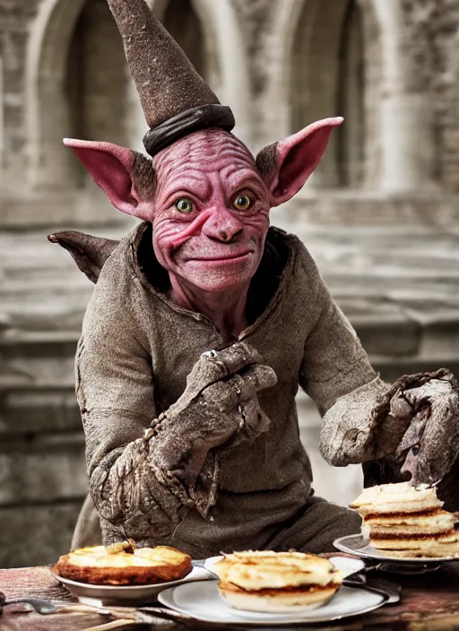 Image similar to closeup portrait of a medieval goblin eating cakes in the cloisters, depth of field, zeiss lens, detailed, symmetrical, centered, fashion photoshoot, by Annie Leibovitz and Steve McCurry, David Lazar, Jimmy Nelsson, Breathtaking, 8k resolution, extremely detailed, beautiful, establishing shot, artistic, hyperrealistic, beautiful face, octane render