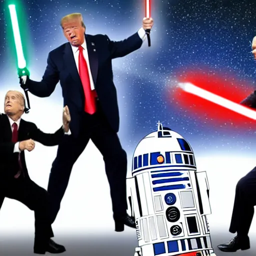 Image similar to photo of putin, trump, obama and bush having a lightsaber fight, starwars poster style