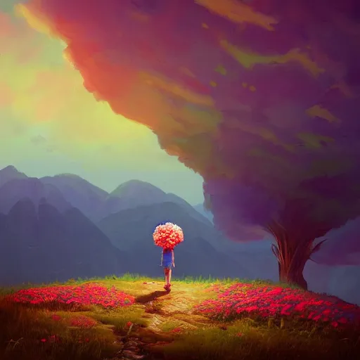 Image similar to giant carnation flower as a head, girl hiking in the mountains, surreal photography, sunrise, dramatic light, impressionist painting, colorful clouds, digital painting, artstation, simon stalenhag