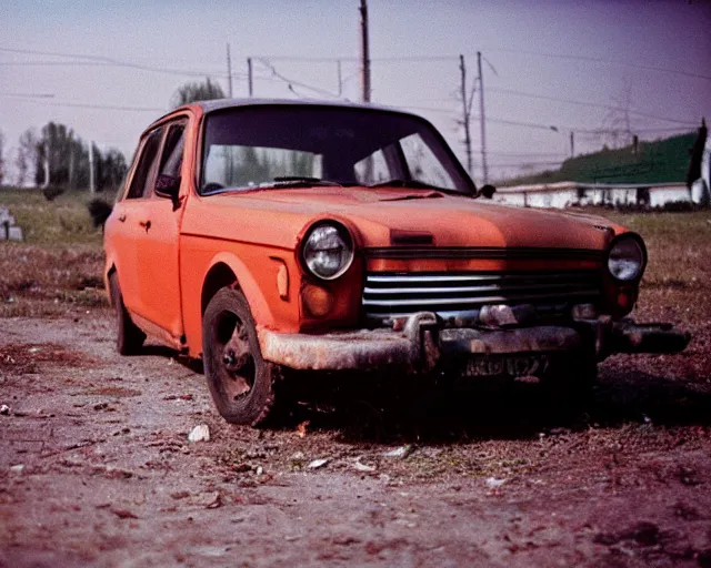 Image similar to a lomographic photo of old lada 2 1 0 7 standing in typical soviet yard in small town, hrushevka on background, cinestill, bokeh