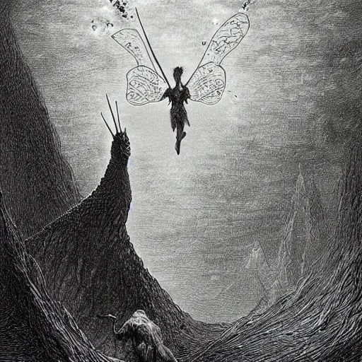 Image similar to dark fantasy illustration of tinkerbell godzilla, drawn by gustave dore