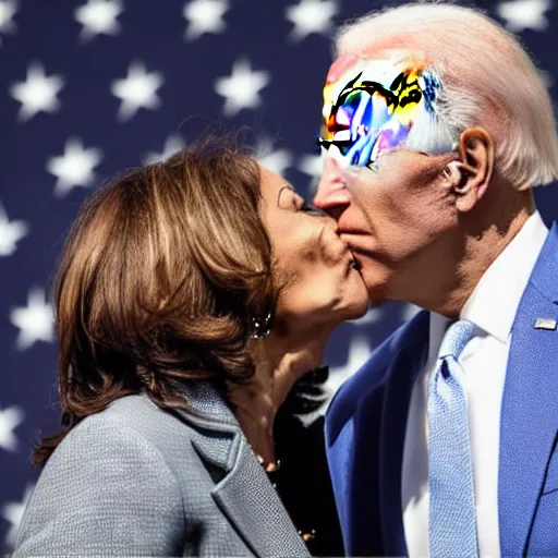 Prompt: Joe Biden going in for a kiss with Kamala Harris, Joe Biden kissing Kamala, 8k , professional photography