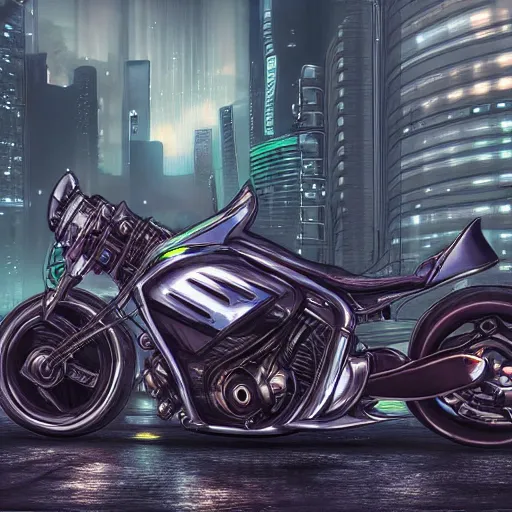 Image similar to cyberpunk motorcycle, realistic style, high detail, chrome, neon