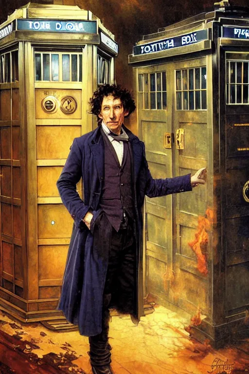 Prompt: The Eighth Doctor standing next to the TARDIS, portrait by Stanley Artgerm Lau, greg rutkowski, thomas kindkade, alphonse mucha, loish, norman Rockwell