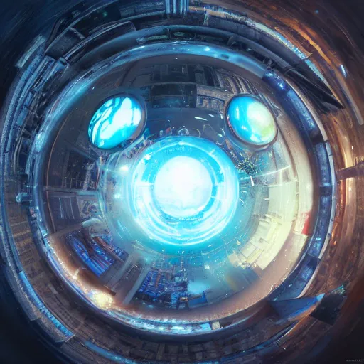 Prompt: 3 6 0 degree fisheye lens shot of blue shiny orbs peter morbacher, ross tran, greg rutkowski, intricate details, trending on artstation, cinematic lighting, digital painting, sharp focus, no blur, octane render, artgerm