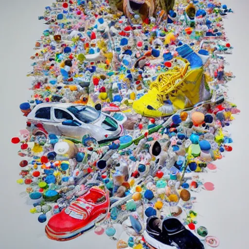 Image similar to A beautiful sculpture. We are racers on an endless highway, driving at each other at high speeds, deciding whether or not to turn away at the last minute. watercolor, shoes by Jacob Hashimoto hyperdetailed