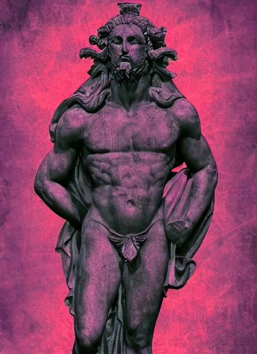 Prompt: elegant dark design poster showing a large greco roman statue of zeus, black background with very subtle red and purple design elements, bold, powerful, nekro, vito acconci, thin straight purple lines, dark, glitch art, neo vaporwave, gritty, layout frame, square, trending on artstation