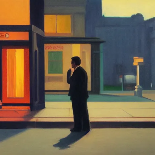 Prompt: a man spying on a couple that is arguing in the middle of the street at night, in the style of Edward Hopper, 4k,