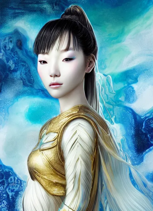 Prompt: side portrait of a Korean female Celestial Goddess, scifi, interstellar deep space hair, gold and royal blue luxurious armour, trending on artstation, gsociety, elegant, chic, high-end, ethereal and dreamy theme, she is submerged in Pamukkale, thermal waters flowing down white travertine terraces, highly detailed, realistic eyes, detailed illustration, smooth, sharp focus, upper body, intricate, rule of thirds, holy glow, backlit, ethereal background, 4k, by Greg Rutkowski, Alphonse Mucha, Ayami Kojima, Charlie Bowater, Artgerm, Loish, Kentaro Miura, Karol Bak, Greg Hildebrandt, Norman Rockwell