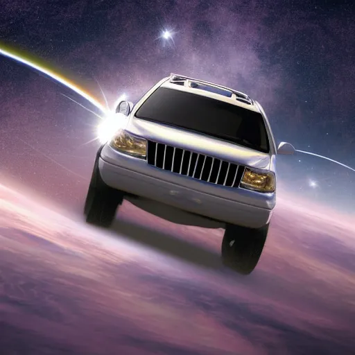 Prompt: a 2 0 0 3 mercury mountaineer flying through space, amazing detail, photorealistic, space photography,