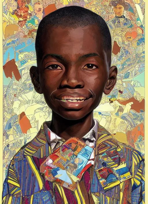 Image similar to colourful upper half portrait of an african boy with proportions in the style of jack davis - presented in magazine collage style, art by hsiao - ron cheng & alphonse mucha, magazine collage, highly detailed, caricature, caricature, digital painting, concept art, ray tracing, illustration, illustration, smooth, sharp focus, intricate, symmetry, pinterest, behance, artstation