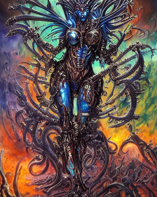 Image similar to silver mechanical charred bloody fleshmetal obliterator cyborg daemonhost woman psychedelic flamer of tzeentch with extra arms guns, blue and green rainbow fire, by antonio j. manzanedo, alex grey, android jones, wayne barlowe, philippe druillet, josephine wall, harumi hironaka, cronenburg, trending on artstation