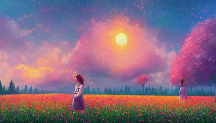 Image similar to girl with an blooming flower face, surreal photography, dream, standing in flower field, hills, big trees, sunrise dramatic light, impressionist painting, colorful clouds, digital painting, pointillism, artstation, simon stalenhag