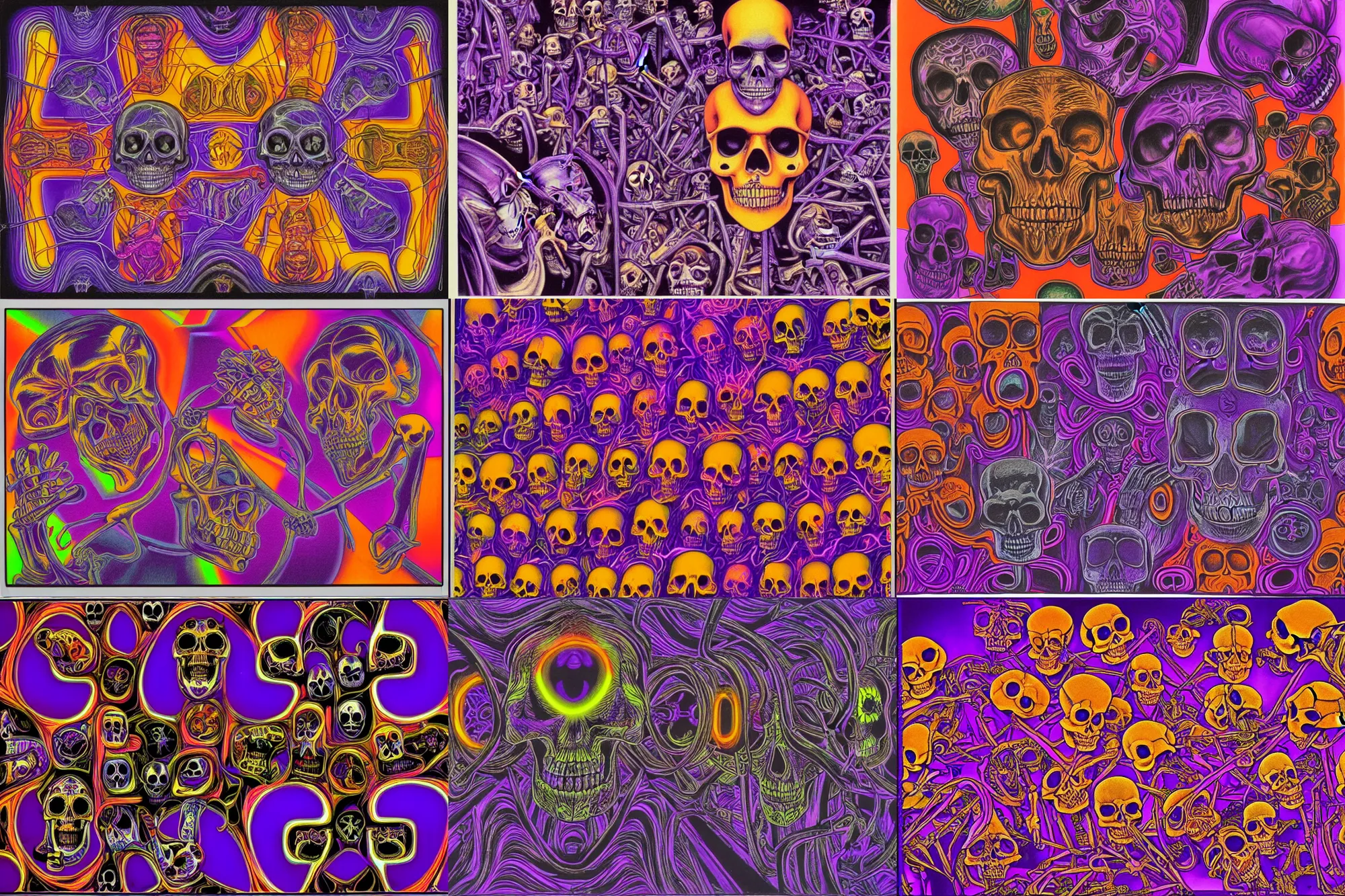 Prompt: skeletons, skulls, bones, neon lights, purple and orange, designed by Escher, artwork by Alex Grey, polaroid photograph
