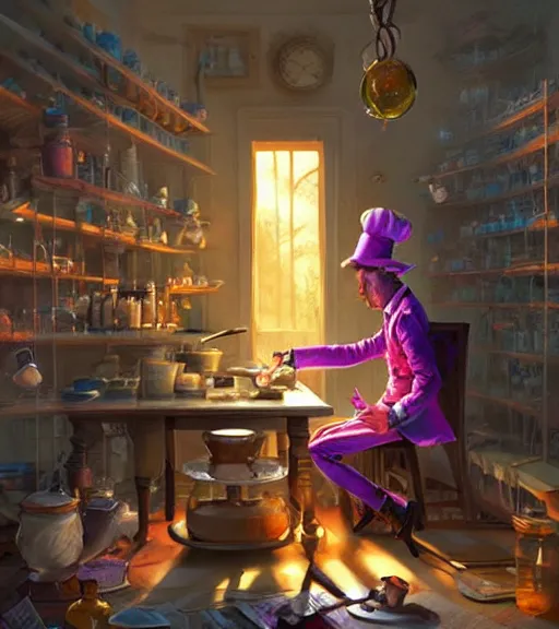 Image similar to beautiful willie wonka cooking meth drawing, in the style of greg rutkowski, fantasy, amazing detail, epic, intricate, elegant, smooth, sharp focus