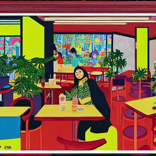 Prompt: taiwanese style cafe inside are australian patrons, decorated with cannabis pot plants 🪴 utopia frontage, pop art poster, vivid colors by will barnet