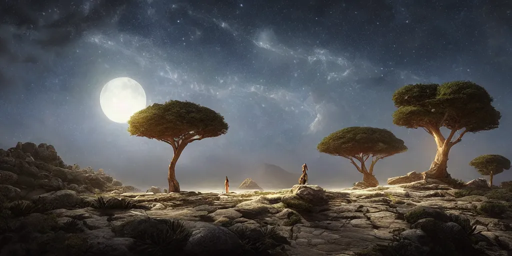 Prompt: moonlit socotra island with dragon trees, starry night, sharp focus, wide shot, trending on ArtStation, masterpiece, by Greg Rutkowski, by Ross Tran, by Fenghua Zhong, octane, soft render, ultrarealistic, colorful, cinematic, shadow of the tomb rider