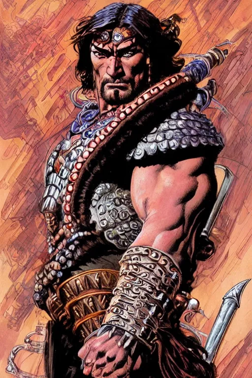 Image similar to a stunning and hypnotic full-color futuristic art nouveau styled action portrait of conan as a stoic barbarian king with stony and condemning eyes, extremely detailed and brusque swarthy facial structure, rune-engraved armor, perfectly symmetrical facial structure and linework, proud and honorable facial characteristics, by bill sienkiewicz, michael kaluta, michael whelan and travis charest, dark sci-fantasy, deep complexity, precisely accurate male muscle anatomy, muscular male hero, RPG character concept, photorealism, spectacular framing, minimalist lighting, hyperrealism, 8k