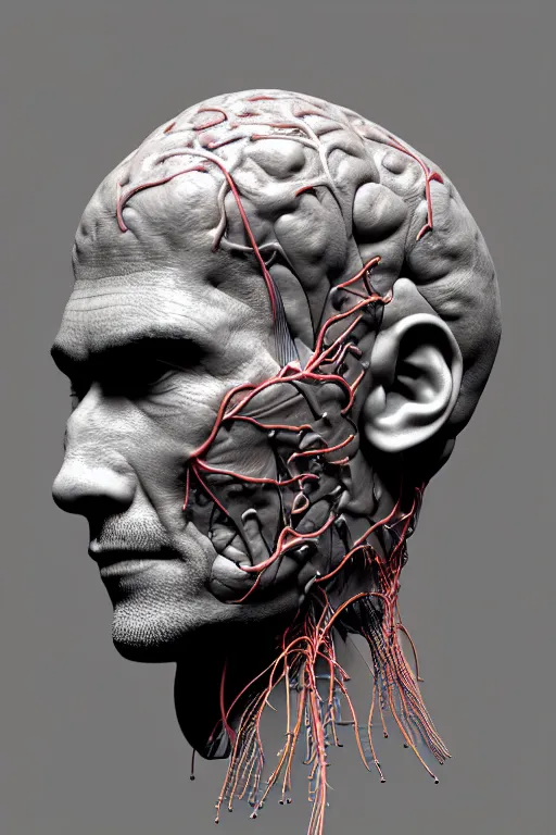 Prompt: 3D render of a rugged profile face portrait of a male cyborg, 150 mm, capacitors, Mandelbrot fractal, anatomical, flesh, facial muscles, neon wires, microchip, veins, arteries, full frame, microscopic, elegant, highly detailed, flesh ornate, elegant, high fashion, rim light, octane render in the style of H.R. Giger and Bouguereau