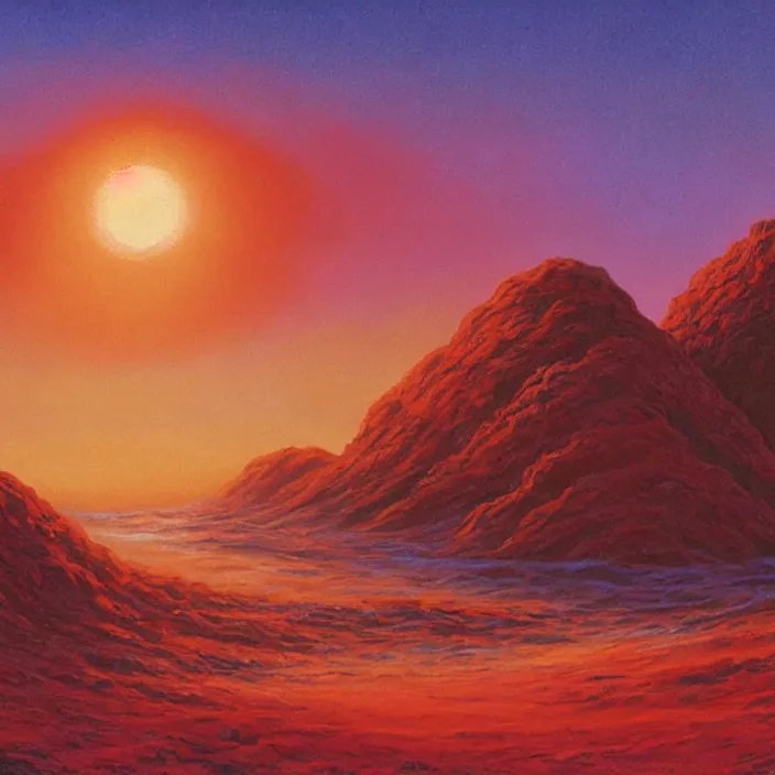 Image similar to a alien planet with a red ocean and blue sand and rocks at sunrise, bob ross painting, high coherence, highly detailed, high quality, masterpiece, award - winner, hyperrealistic