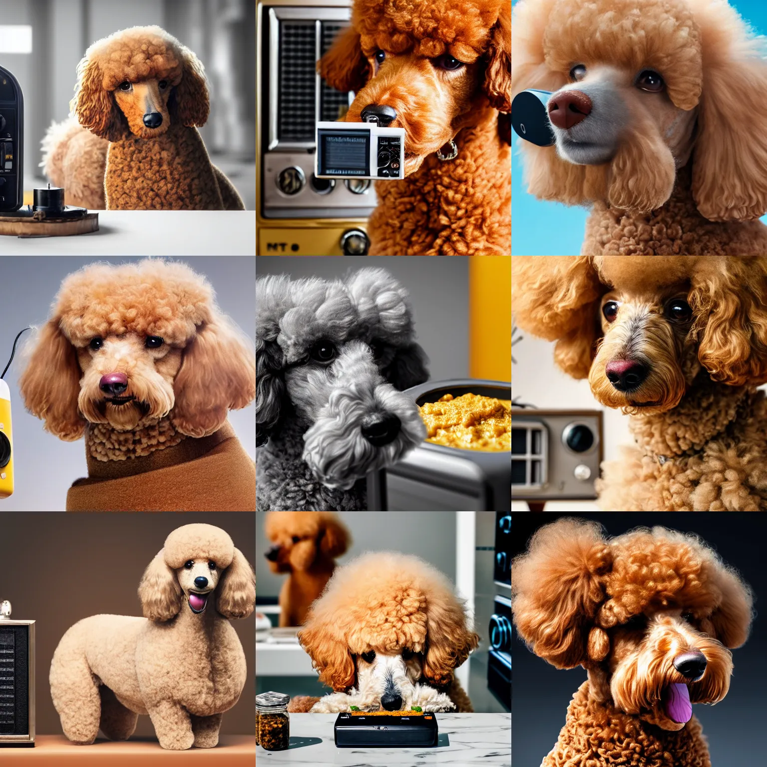 Prompt: a closeup photorealistic photograph of a poodle sitting next to a radio and eating from a jar of mustard. This 4K HD image is Trending on Artstation, featured on Behance, well-rendered, extra crisp, features intricate detail and the style of Unreal Engine.