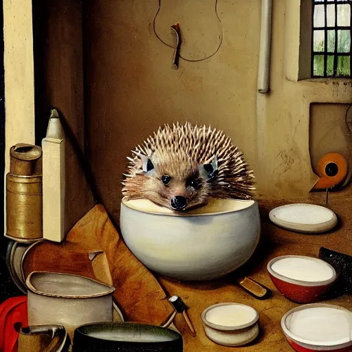 Prompt: painting of a happy hedgehog on a table in a ceramic workshop, surrounded by ceramicists tools and unfinished bowls, oil painting, northern renaissance art, oil on canvas, wet - on - wet technique, realistic, intricate textures, illusionistic detail, lots and lots of gallons of milk