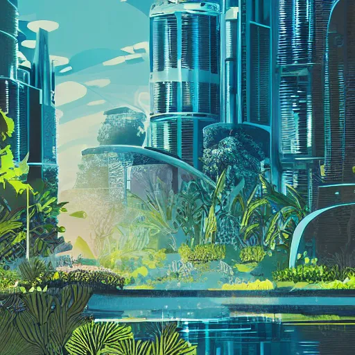 Image similar to beautiful happy picturesque charming futuristic sci - fi city in harmony with nature. water and plants. beautiful light. grainy and rough. soft colour scheme. beautiful artistic vector graphic design by lurid. ( 2 0 2 2 )