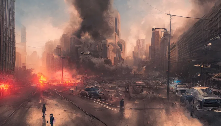 Image similar to Movie scene of people fleeing from explosions in Chicago, hyperdetailed, artstation, cgsociety, 8k