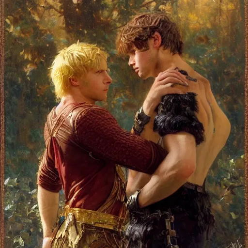 Image similar to attractive male, arthur pendragon who has blond hair confesses his love to attractive male, merlin who has dark hair. highly detailed painting by gaston bussiere, craig mullins, j. c. leyendecker 8 k