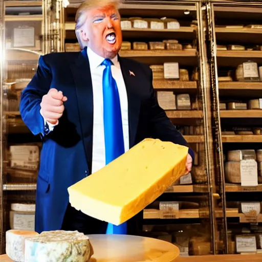 Image similar to Donald Trump stealing cheese from a cheese specialty store