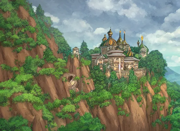 Image similar to view of a monastery on a forested mountain, in the style of studio ghibli, distant, detailed, artstation, award winning painting,