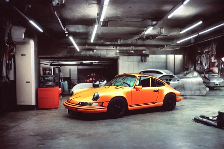 Image similar to a single 1 4 8 0 porsche 9 1 1, inside of a tokyo garage, ektachrome photograph, movie still from bladerunner