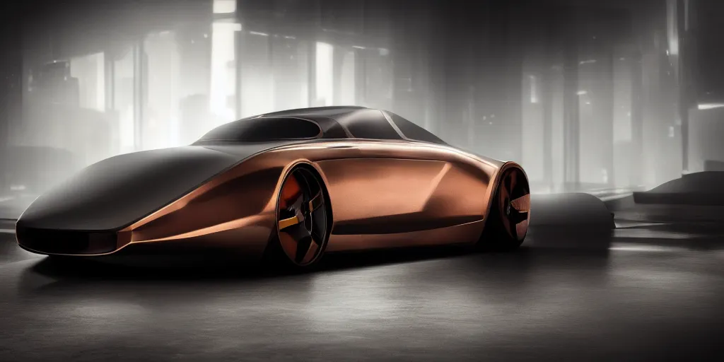 Image similar to a design of a futuristic coupe, designed by Polestar, blade runner background, stained antique copper car paint, black windows, dark show room, dramatic lighting, hyper realistic render, depth of field