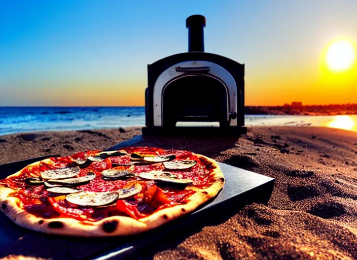 Prompt: clear highly detailed photorealistic food photograph of a wood oven cooked pizza with salami anchovies pepperoni lying on beach sand at sunset, waves next to it