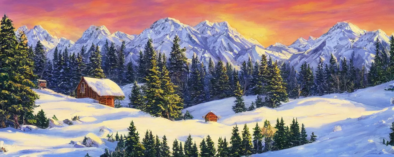 Prompt: landscape with a cabin in the woods, golden hour, snowcapped mountains in the distance with rolling hills covered in snow, evergreen trees painted by bob ross