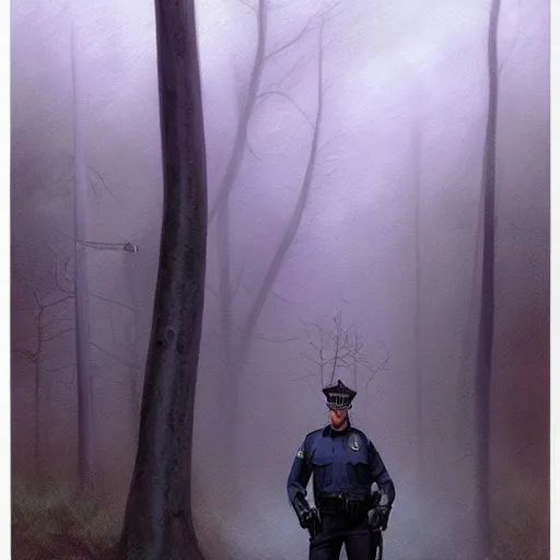 Prompt: kim kardashian as a cop, police uniform, portrait, scared emotion, haunted forest with ufo sitting in the distant fog, pretty, aesthetic, dust molecules, matte detailed photo, DeviantArt, Artstation, by donato giancola, ralph horley, loish, ufo lighting