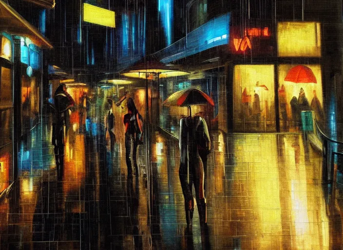 Image similar to melancholy rainy night in a cyberpunk cafe, oil on canvas