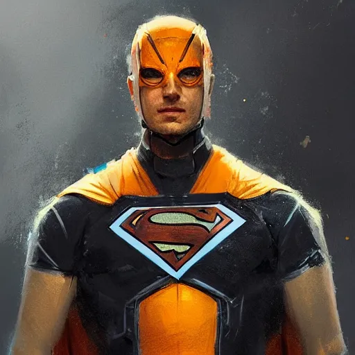 Image similar to portrait of a superhero by greg rutkowski, he looks like joseph quinn, he is wearing a black, orange and yellow kevlar gear, highly detailed portrait, digital painting, artstation, concept art, smooth, sharp foccus ilustration, artstation hq