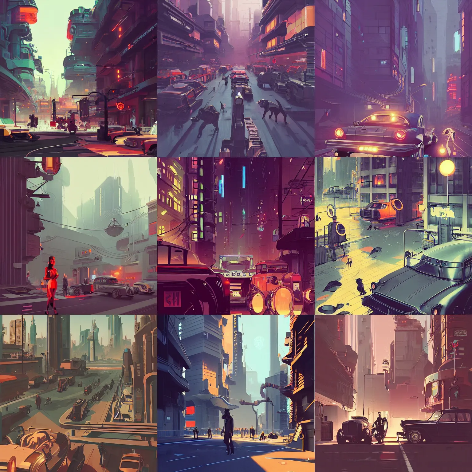 Prompt: retrofuturistic dieselpunk city street, a few cyborgs and some cats by syd mead, terada katsuya, atey ghailan