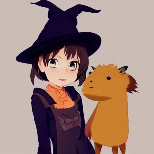 Image similar to full body portrait character concept art, anime key visual of a little witch with her capybara mascot, fine - face, audrey plaza, realistic shaded perfect face, fine details. anime. very strong realistic shaded lighting poster by ilya kuvshinov katsuhiro otomo ghost, magali villeneuve, artgerm, jeremy lipkin and michael garmash and rob rey