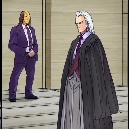 Image similar to saul goodman standing next to sephiroth from final fantasy in court, low angle