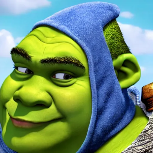 Image similar to shrek but his skins is blue, full hd, high resolution, very detailed