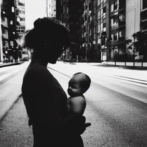 Image similar to a dark silhouette holding a baby at an urban area