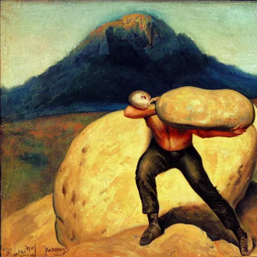 Prompt: a painting of benjamin netanyahu as sisyphus, carrying large boulder on shoulders, mountain background, by franz stuck