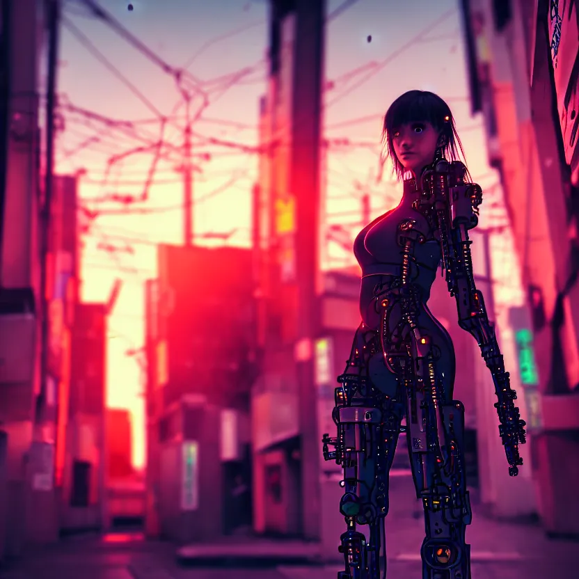 Image similar to a photo close up cyberpunk cyborg girl stands in a cyberpunk hiroshima, prefecture streets, sunset, photorealistic, cinematic lighting, very detailed, style by tomino - sama