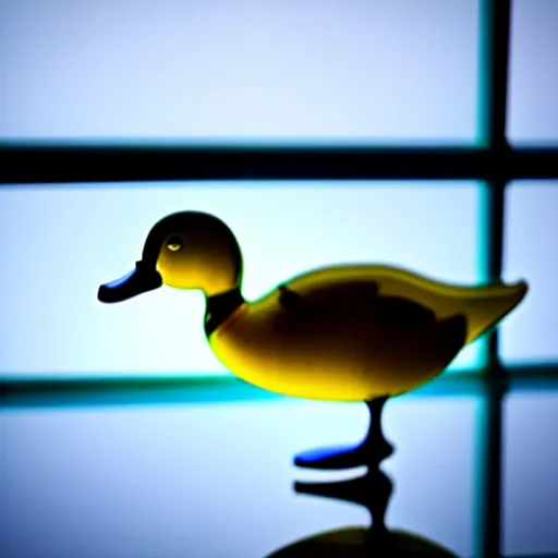 Prompt: a close up photo of a [ gallery room ] with a transparent duck made of glass in foreground, professional photography