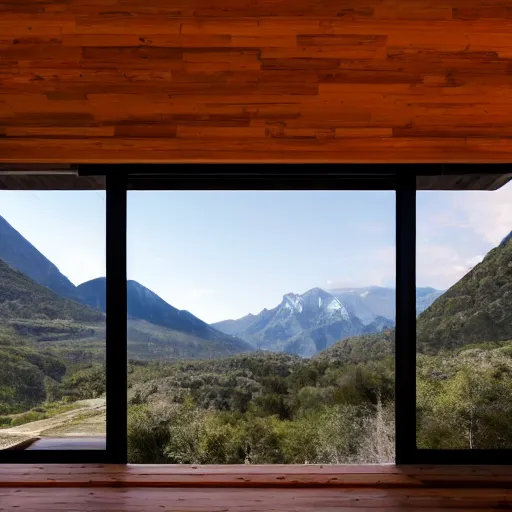 Prompt: a wooden house with a view of 2 mountains and a valley in-between, cinematic, composition