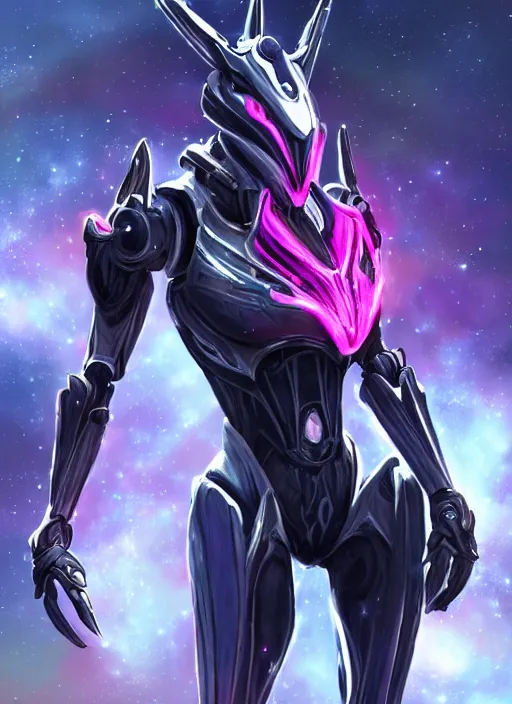 Image similar to cinematic shot, cosmic sized perfectly proportioned stunning beautiful hot female warframe, robot mecha female dragon head, mecha deagon maw, silver armor, fuschia leds, floating in empty space, nebula sized, holding a galaxy, epic proportions, epic size, epic scale, furry art, dragon art, giantess art, warframe fanart, furaffinity, deviantart