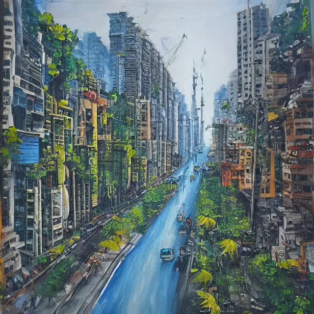Prompt: streets of mumbai, future, mossy buildings, high fidelity, oil painting, straight lines