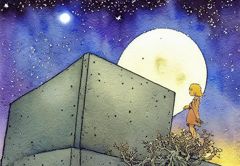 Prompt: a simple watercolor fantasy concept art of a giant grey cube floating in the air. it is a misty starry night. by studio ghibli, rebecca guay, michael kaluta, charles vess